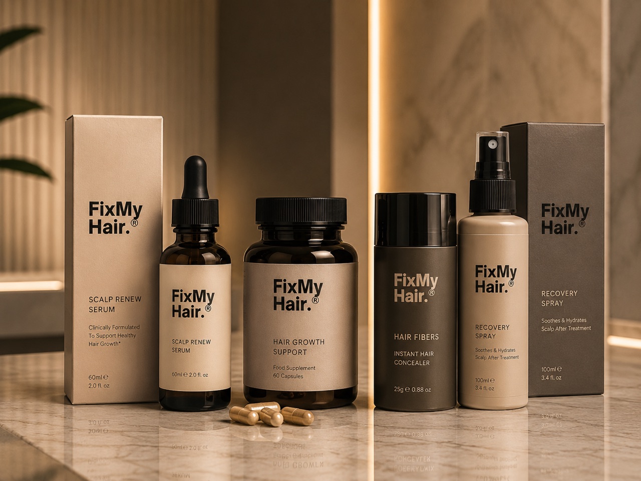 Fix My Hair product range, serum, supplements, hair fibres and recovery spray
