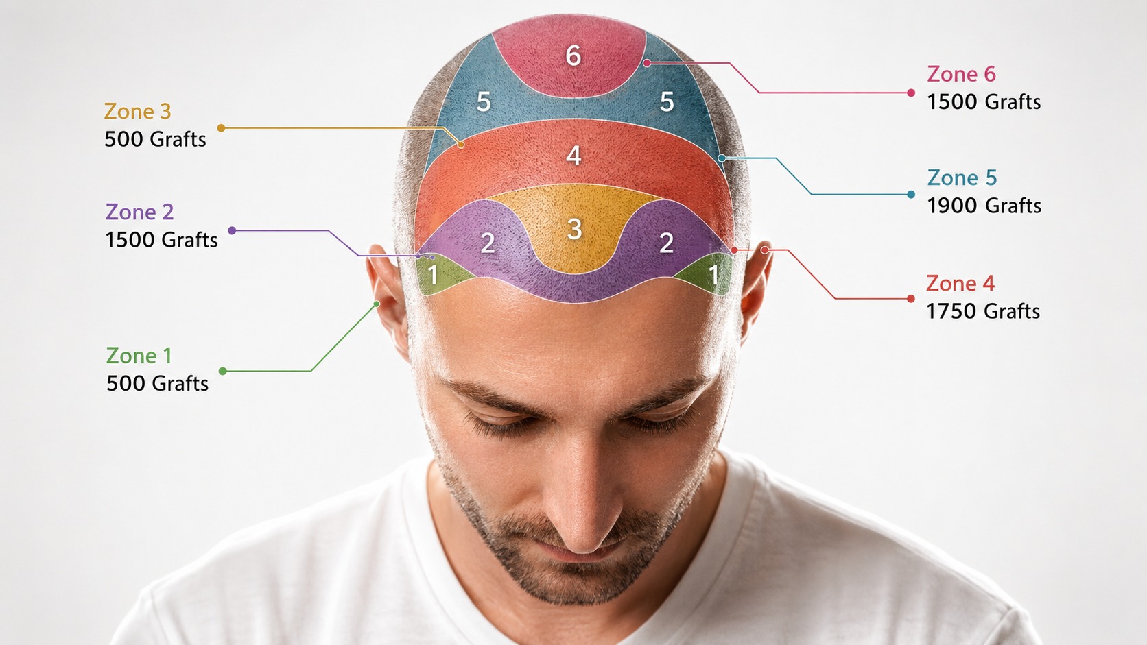 Front view, hair transplant zones 1 to 6